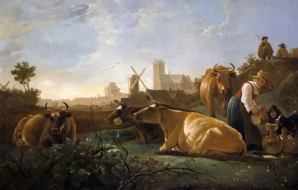 Картинка лето, корова, картина, pastorale, Пастора́ль