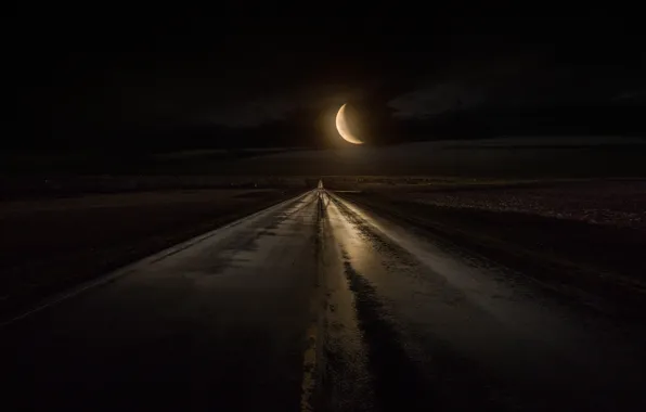 Картинка ночь, луна, полуночная дорога