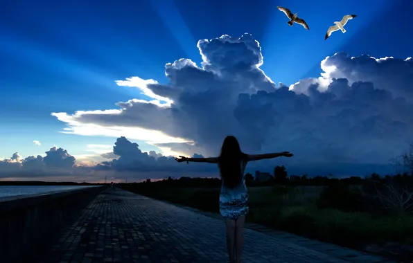 Небо, свобода, девушка, птицы, настроение