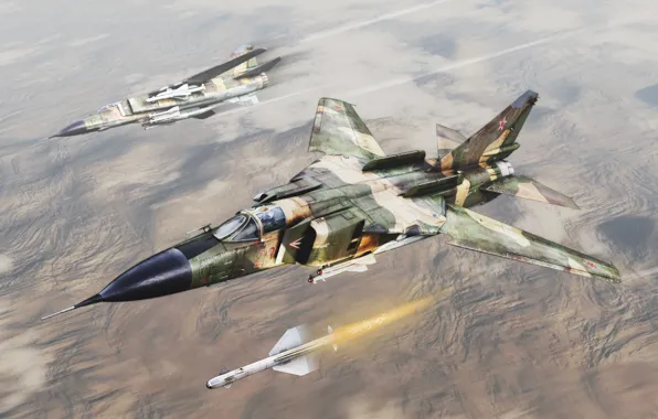 Картинка небо, ракета, воздух, самолёт, миг-23, empire strikes back