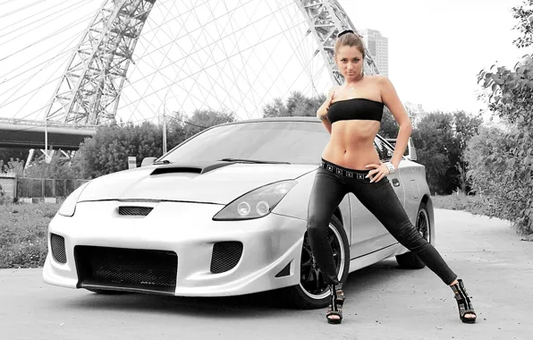Взгляд, девушка, Эротика, чёрно белое фото, белый авто, Toyota Celica, девушка цветная