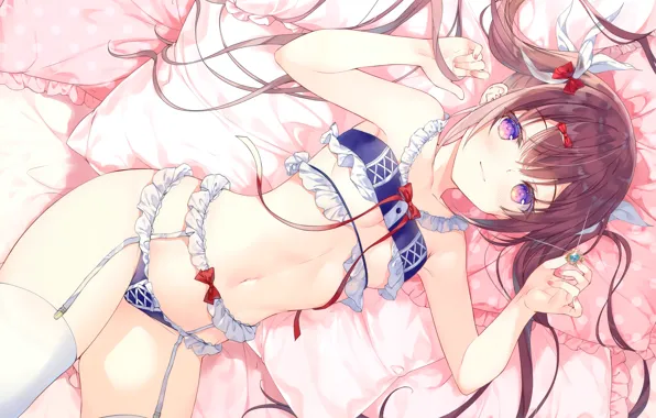 Girl, sexy, lingerie, bra, cleavage, panties, thighhighs, long hair
