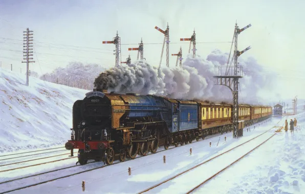 Картинка зима, снег, пейзаж, люди, поезд, паровоз, картина, вагоны