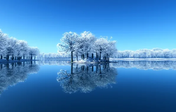 Картинка зима, снег, деревья, озеро, отражение, Природа