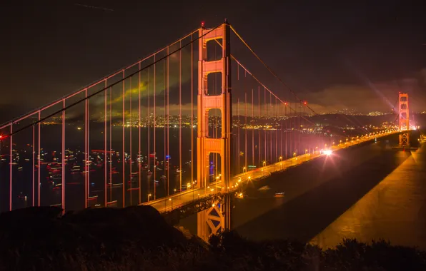 Картинка ночь, мост, город, огни, река, Сан-Франциско, США, мегаполис