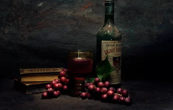 Вино, книги, бутылка, виноград, Still life