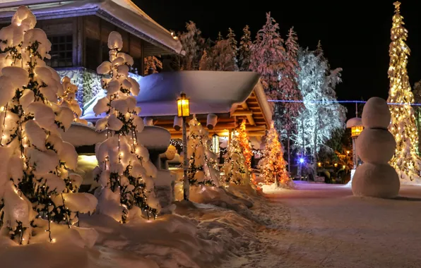 Картинка зима, снег, природа, фото, ель, снеговик, Финляндия, Lapland