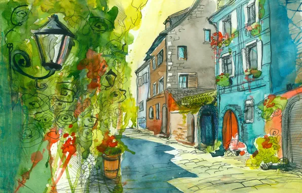 Картинка цветы, улица, дома, фонарь, акварельный рисунок