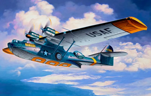 Art, airplane, painting, aviation, Consolidadated PBY-5A Catalina