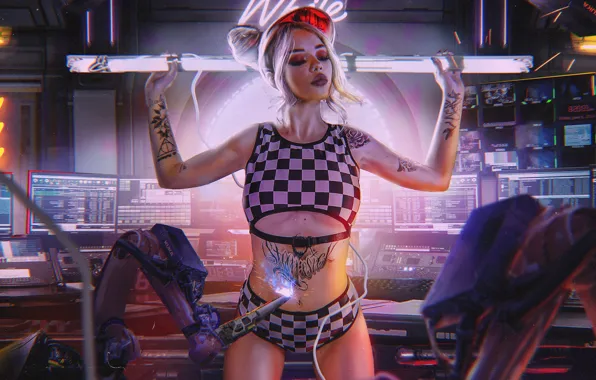 Девушка, татуировки, Cyberpunk 2077