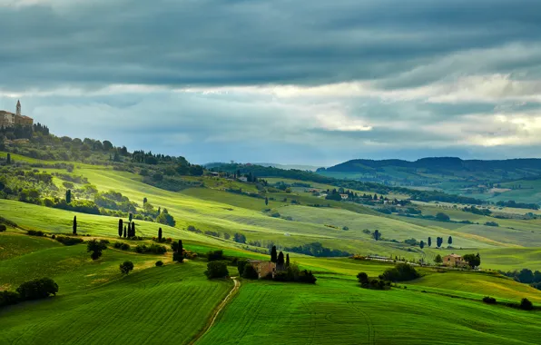 Картинка зелень, деревья, поля, Италия, домики, луга, Тоскана