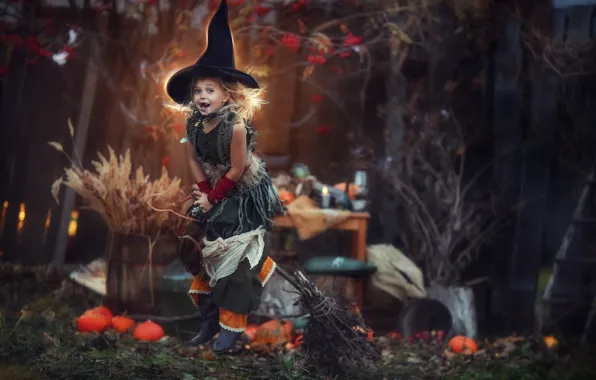 Шляпа, девочка, тыквы, Хеллоуин, ведьмочка, на метле, Любовь Пятовская