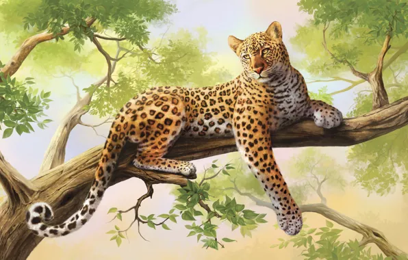 Картинка дерево, леопард, живопись, art, olggah