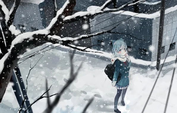 Зима, девушка, снег, деревья, ветви, аниме, арт, школьница