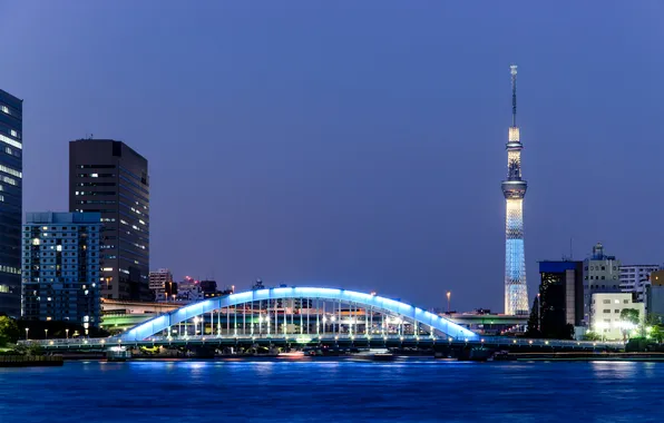 Картинка ночь, мост, огни, река, дома, Япония, Токио