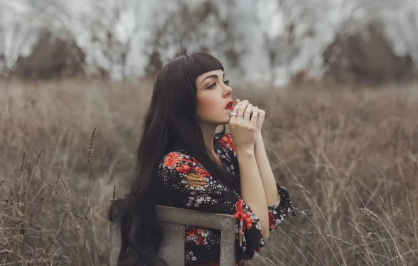 Платье, стул, лицо, поле, девушка, руки