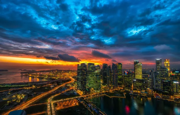 Lights, HDR, skyline, sky, sunset, roads, buildings, skyscrapers