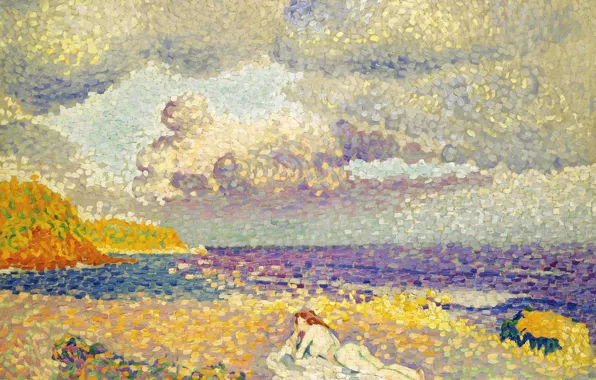 Картинка море, эротика, девушка, пейзаж, тучи, картина, Henri Edmond Cross, пуантилизм