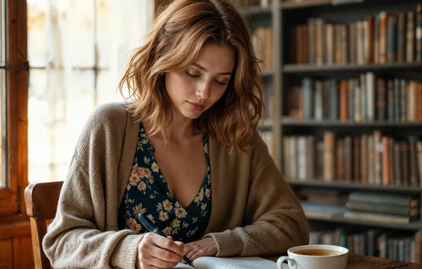 Девушка, поза, стол, чай, книги, окно, чашка, книга