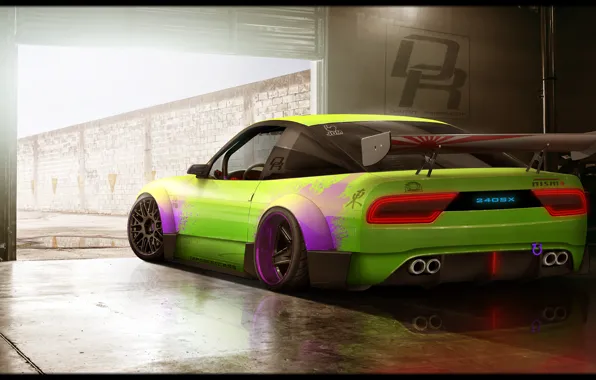 Car, green, Nissan, tuning, photoshop, 240SX