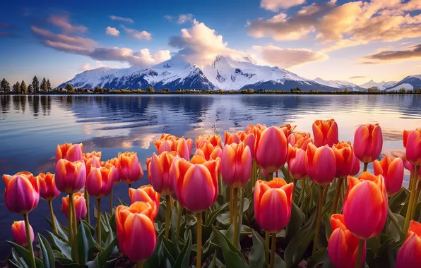 Цветы, весна, colorful, тюльпаны, red, sunshine, landscape, nature