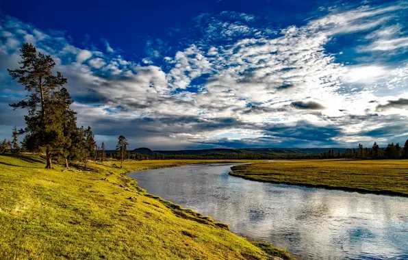 Небо, облака, деревья, река, Wyoming, Yellowstone National Park, Firehole River