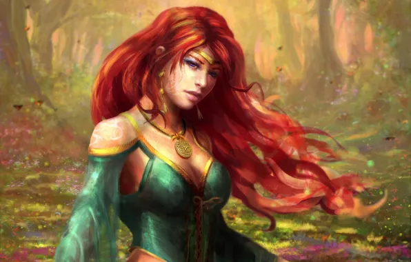 Картинка лес, девушка, волосы, арт, кулон, рыжая