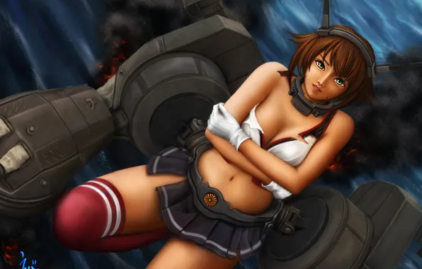 Девушка, дым, арт, меха, ebi, kantai collection, eeotoko, mutsu battleship