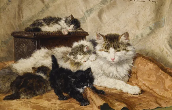 Картинка Кошки, Котята, Картина, Генриетта Роннер-Книп, Henriette Ronner-Knip, Бельгийская художница, Мама с котятамя