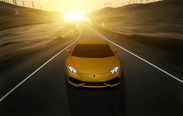 Картинка Lamborghini, yellow, sunset, front, LP 610-4, Huracan, LB724
