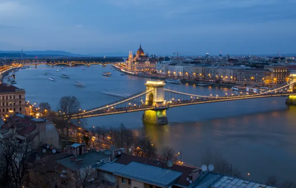 Ночь, мост, панорама, парламент, Венгрия, Будапешт, Дунай