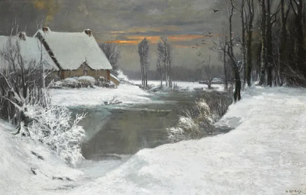 Картинка снег, деревья, закат, птицы, дом, река, кусты, WINTER LANDSCAPE