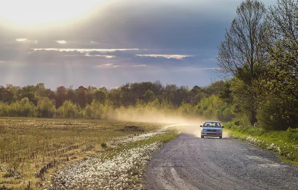 Картинка дорога, поле, солнце, облака, деревья, пыль, автомобиль, сельская местность
