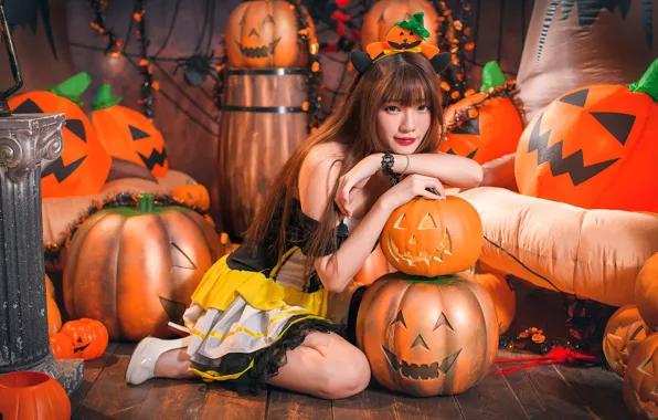 Картинка девушка, тыквы, Хеллоуин, азиатка, милашка, 31 октября