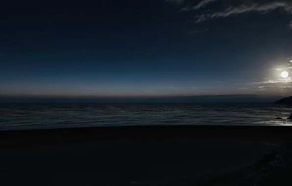 HDR, Heaven, Moon, Clouds, Sky, Horizon, Stars, Beach