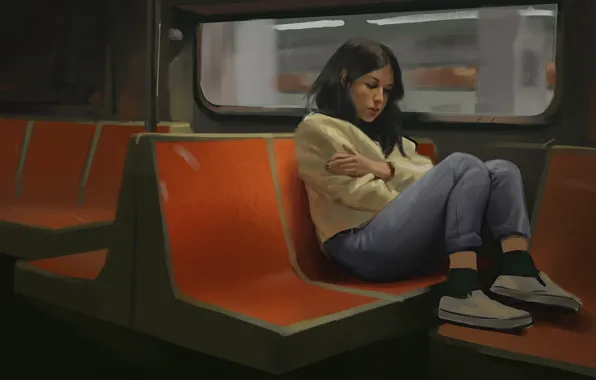 Картинка девушка, одиночество, обувь, джинсы, брюнетка, вагон, электричка, кресла