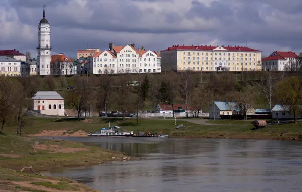 Пейзаж, город, река, весна, набережная