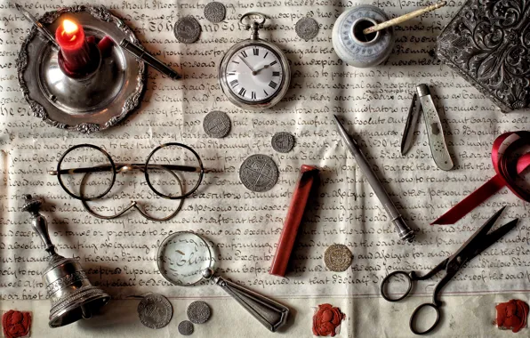 Письмо, часы, свеча, очки, монеты, ножик, натюрморт, лупа