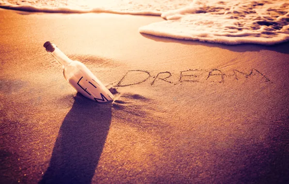 Песок, пляж, dream, beach, sunset, sand, bottle