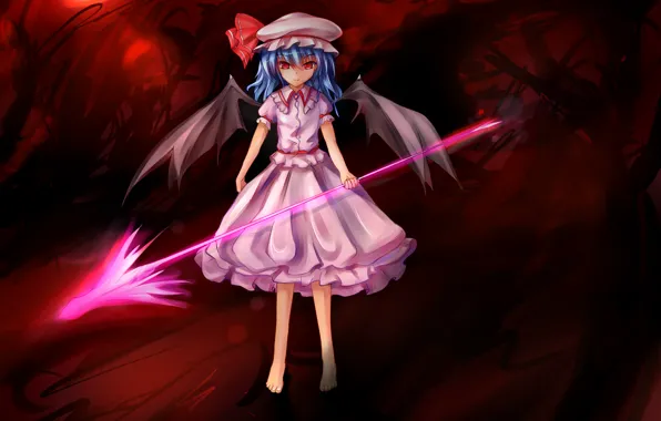 Лес, девушка, улыбка, магия, крылья, демон, стрела, touhou