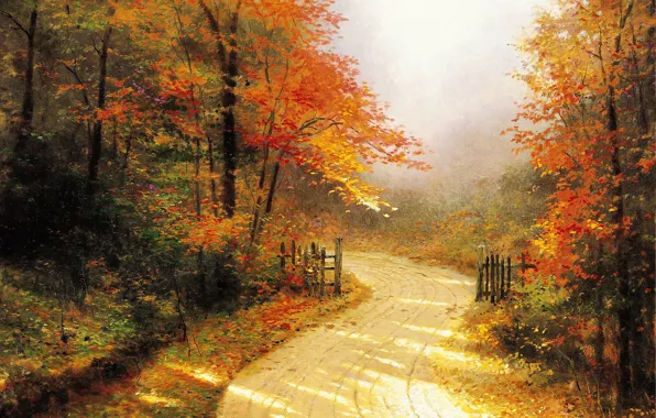 Картинка дорога, осень, лес, живопись, Томас Кинкейд, painting, золотая, Thomas Kinkade