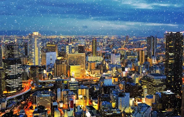 Зима, снег, город, огни, япония, вечер, Osaka
