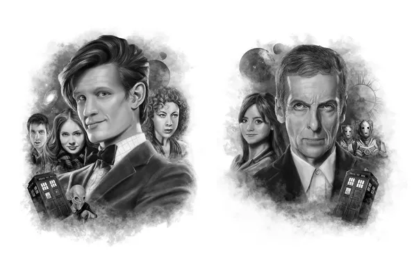 Арт, черно-белое, актеры, Doctor Who, мужчины, Доктор Кто, Мэтт Смит, Matt Smith