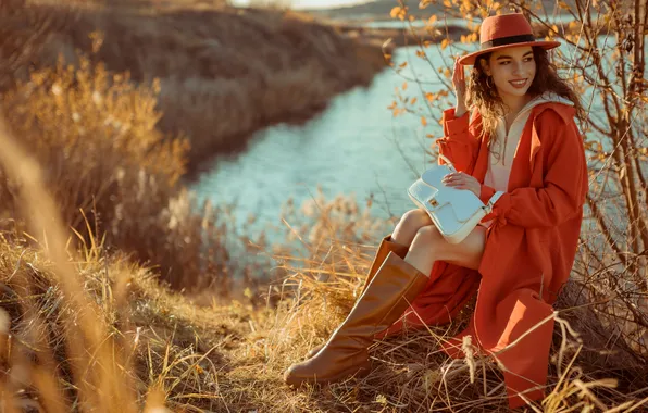 Girl, happy, fashion, dress, hat, elegant, female, fall
