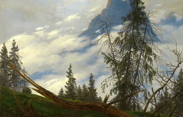 Картинка пейзаж, горы, Каспар Давид Фридрих, картина, Горные Вершины с Движущимися Облаками