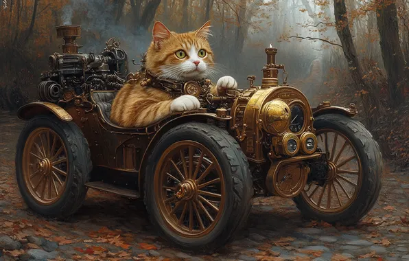 Машина, осень, лес, кошка, кот, взгляд, деревья, поза