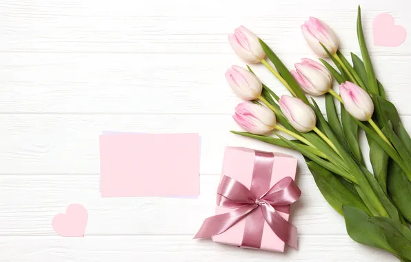 Картинка цветы, подарок, букет, тюльпаны, розовые, wood, pink, flowers