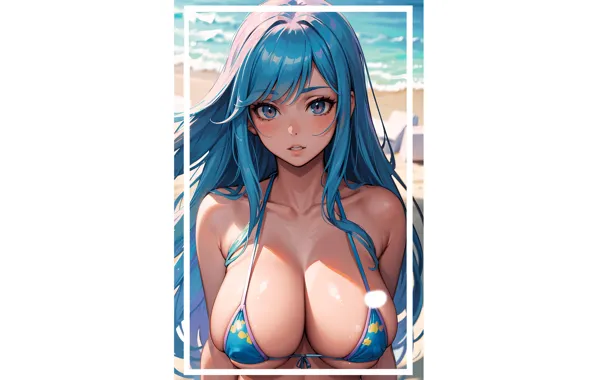 Kawaii, girl, hot, beach, sea, boobs, anime, pretty