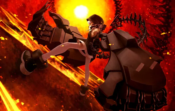 Девушка, солнце, аниме, арт, капюшон, хвост, татуировка, black rock shooter