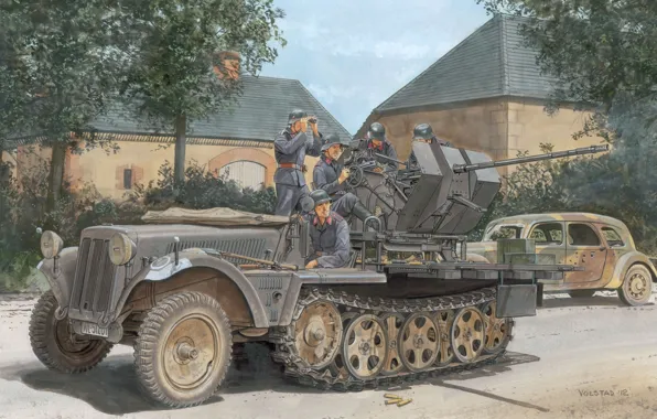 Рисунок, арт, солдаты, Вторая мировая война, готовность, немецкий, бронетранспортёр, Flak30